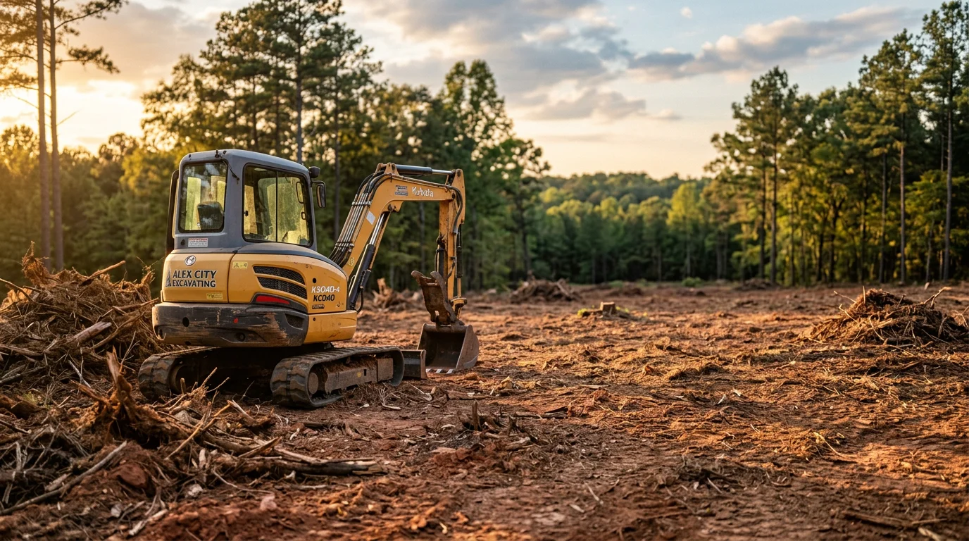 Excavator clearing land with forestry mulching equipment in Alexander City
