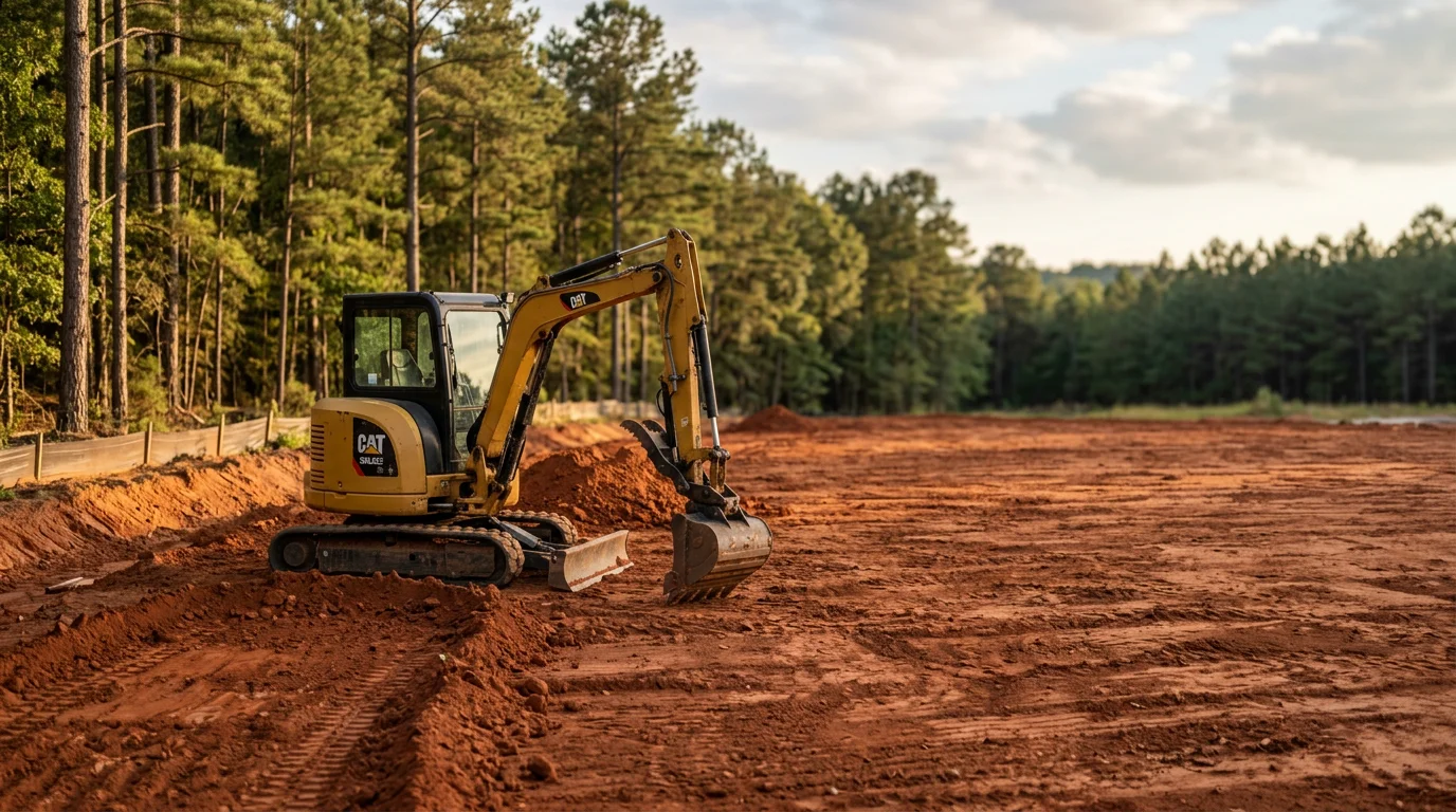 Excavation equipment moving dirt and grading a property for construction