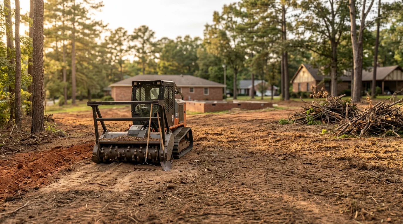 Heavy equipment clearing overgrown land and brush from a property in Alabama