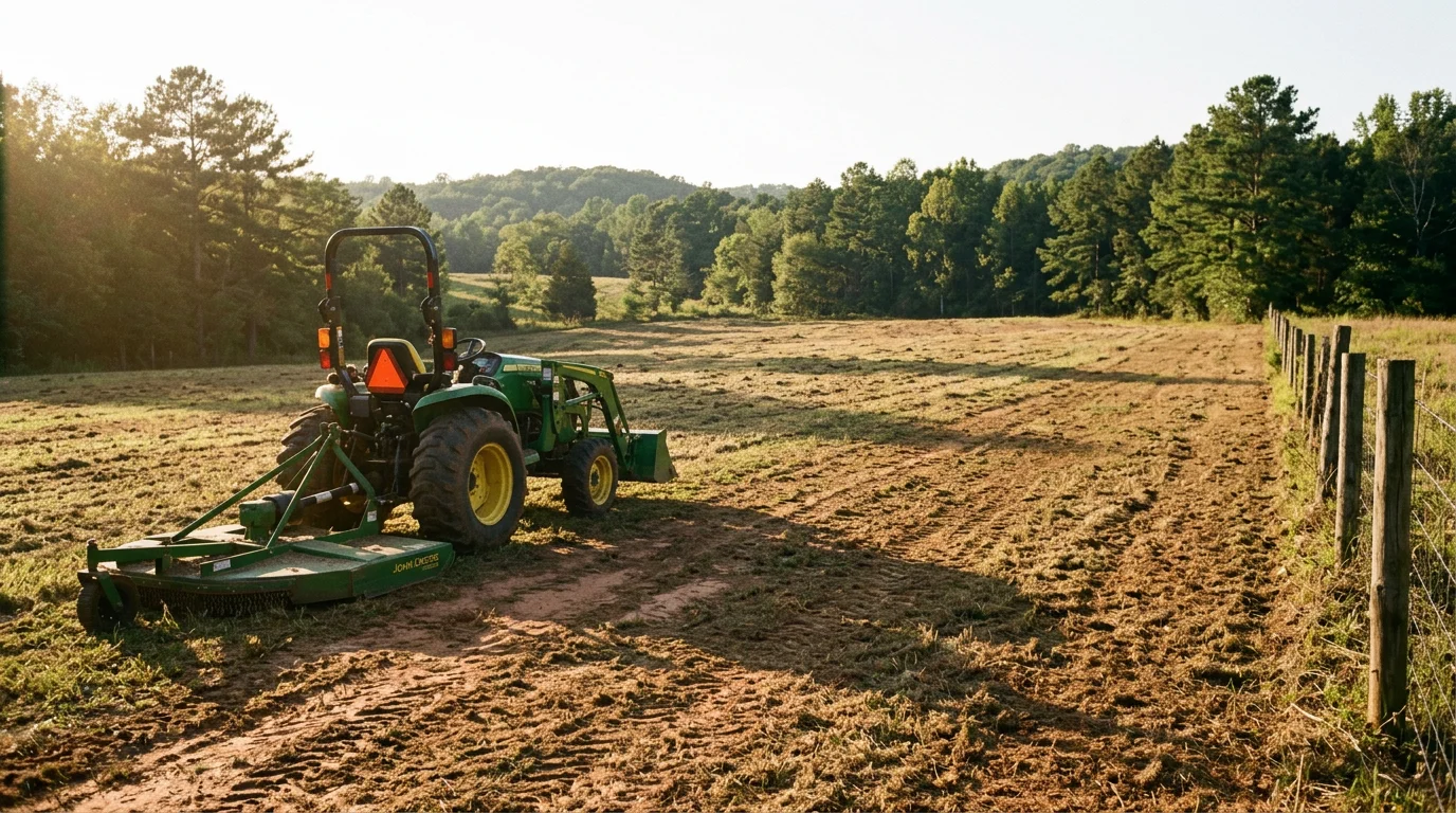 Bush hogging equipment clearing overgrown grass and vegetation from a large property
