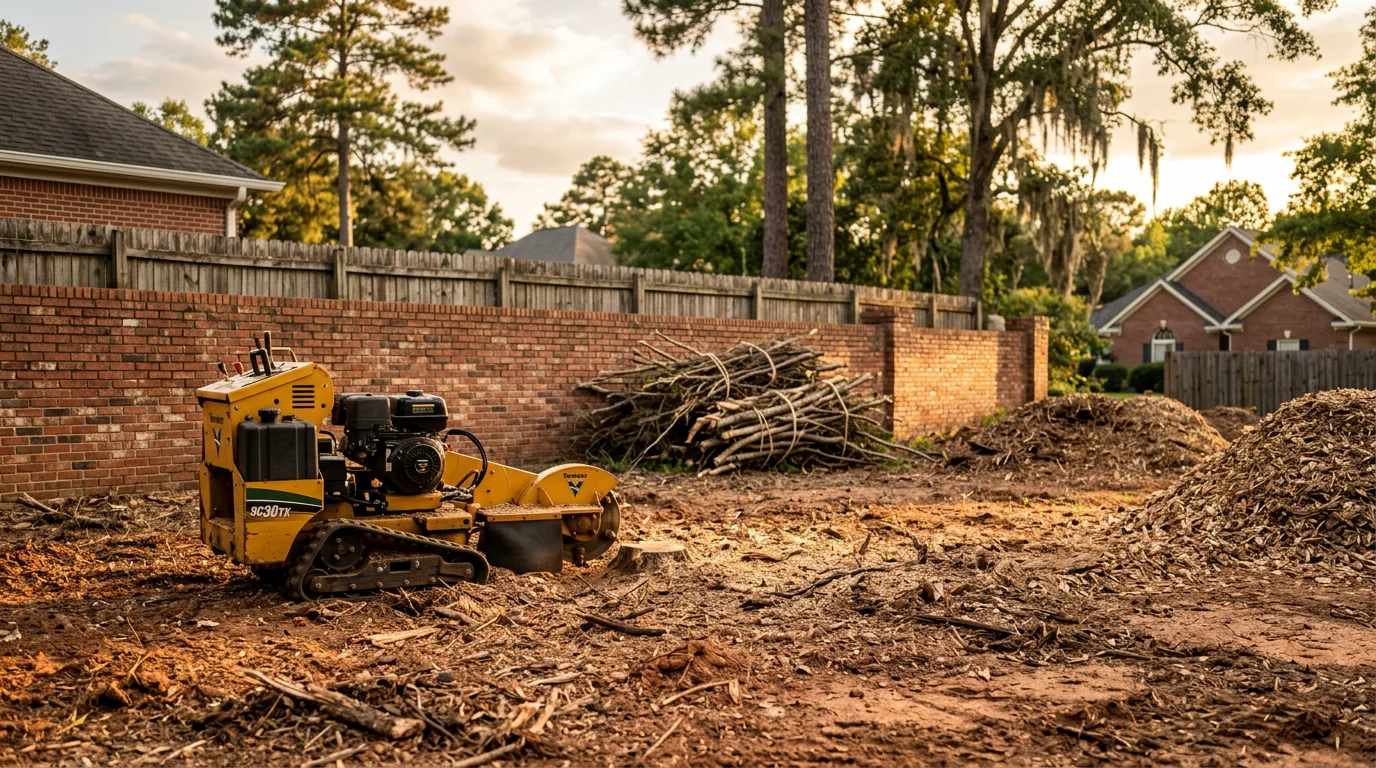 Professional tree removal equipment removing a large tree from a residential property
