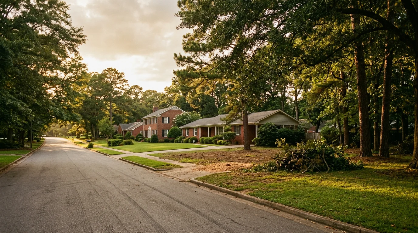 Wide view of Central Alabama residential street with mature trees and brick homes typical of Montgomery area neighborhoods.