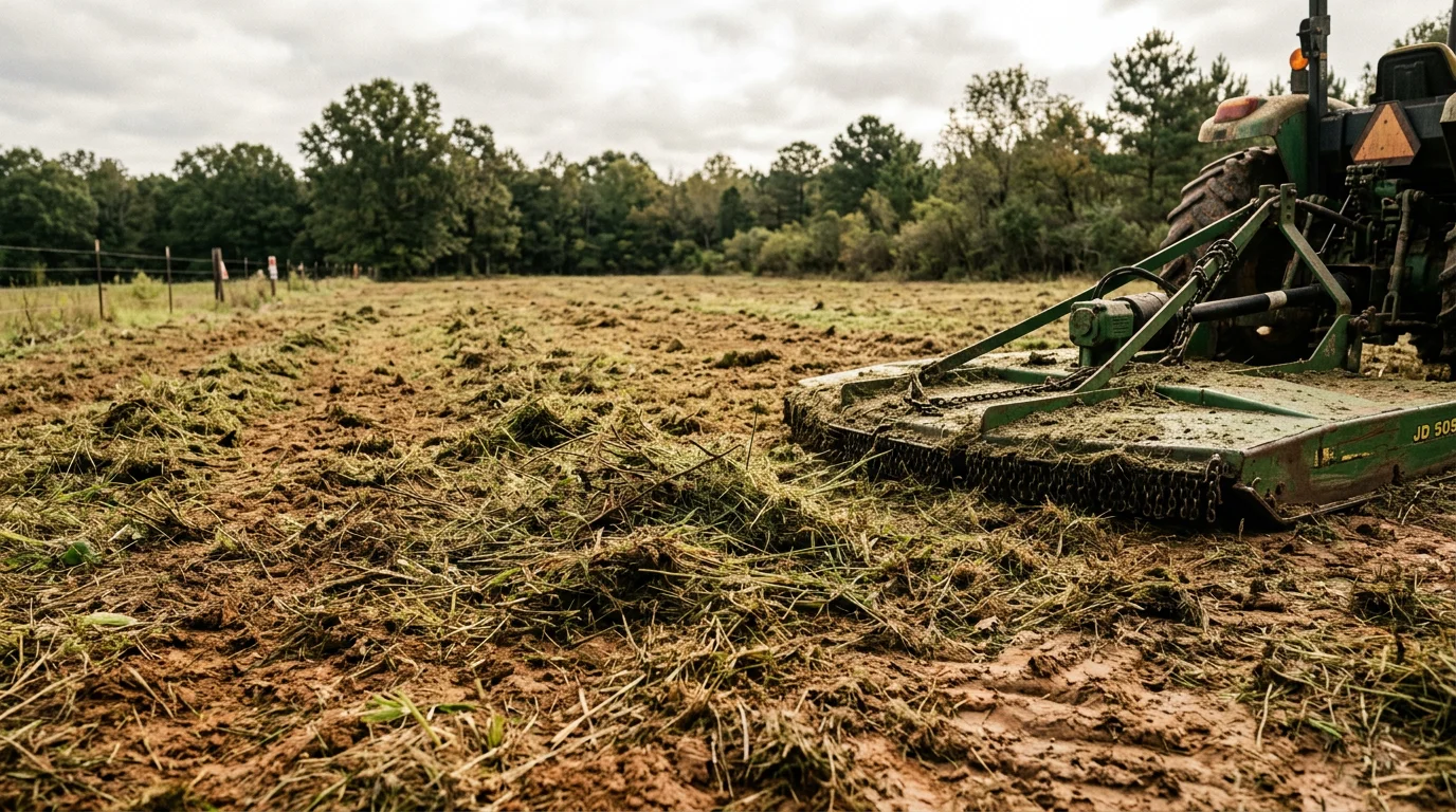 A Central Alabama pasture after bush hogging, showing cut grass and cleared brush across a wide open field. Heavy-duty rotary mowing equipment is visible along the field edge.
