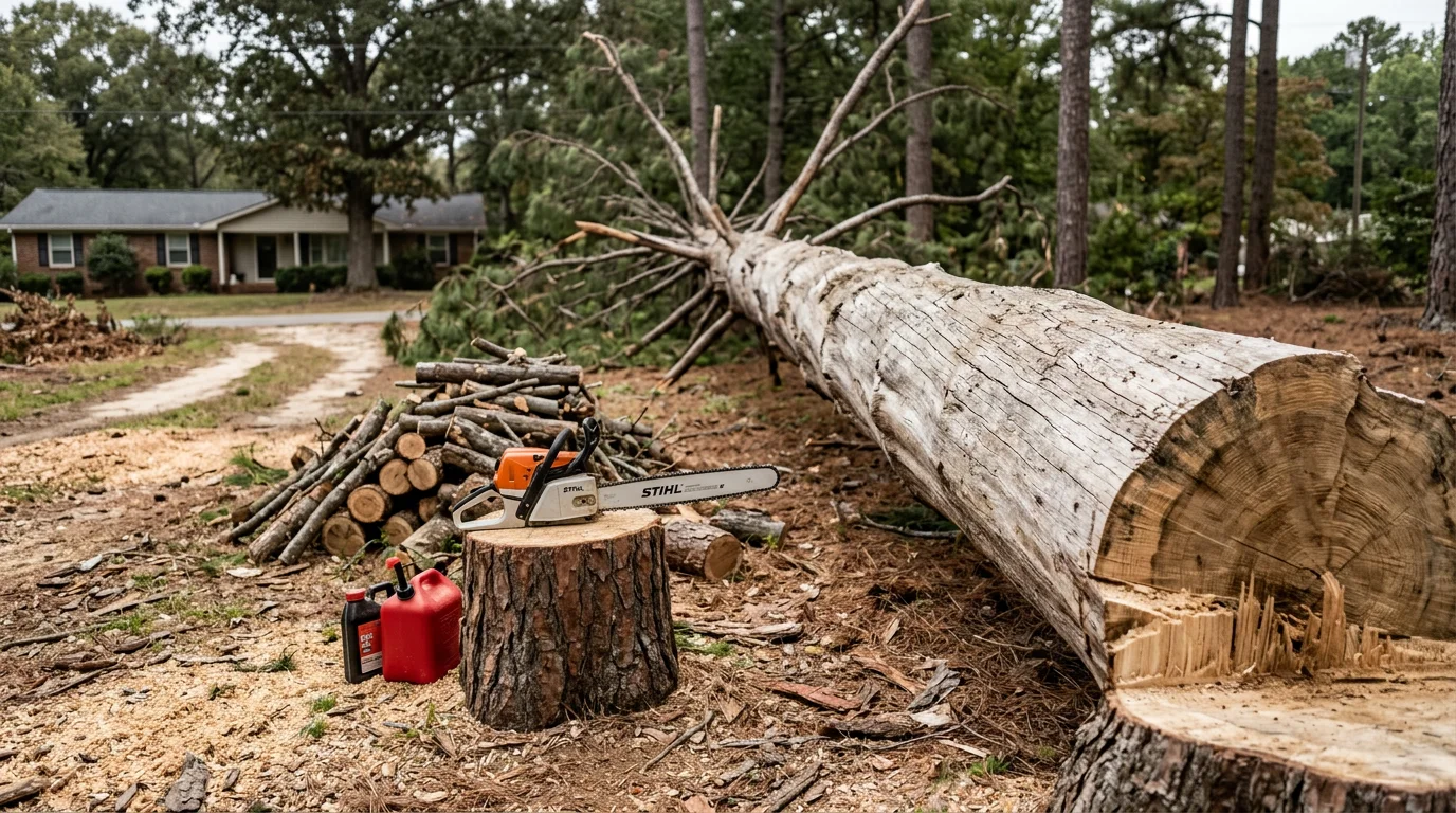 A large dead pine tree being removed in a Central Alabama residential backyard, with the trunk sectioned and lowered near a wooden fence line. A crew member on the ground guides debris away from the home's roofline during the removal process.