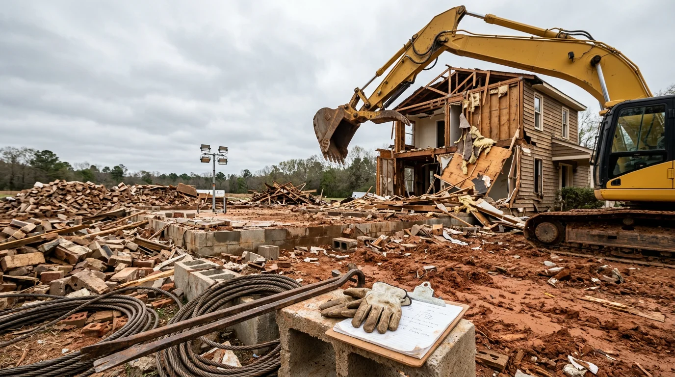 A cleared residential lot in Central Alabama after full structure demolition, with debris removed and bare ground ready for new construction. An excavating contractor's equipment is visible at the edge of the site.