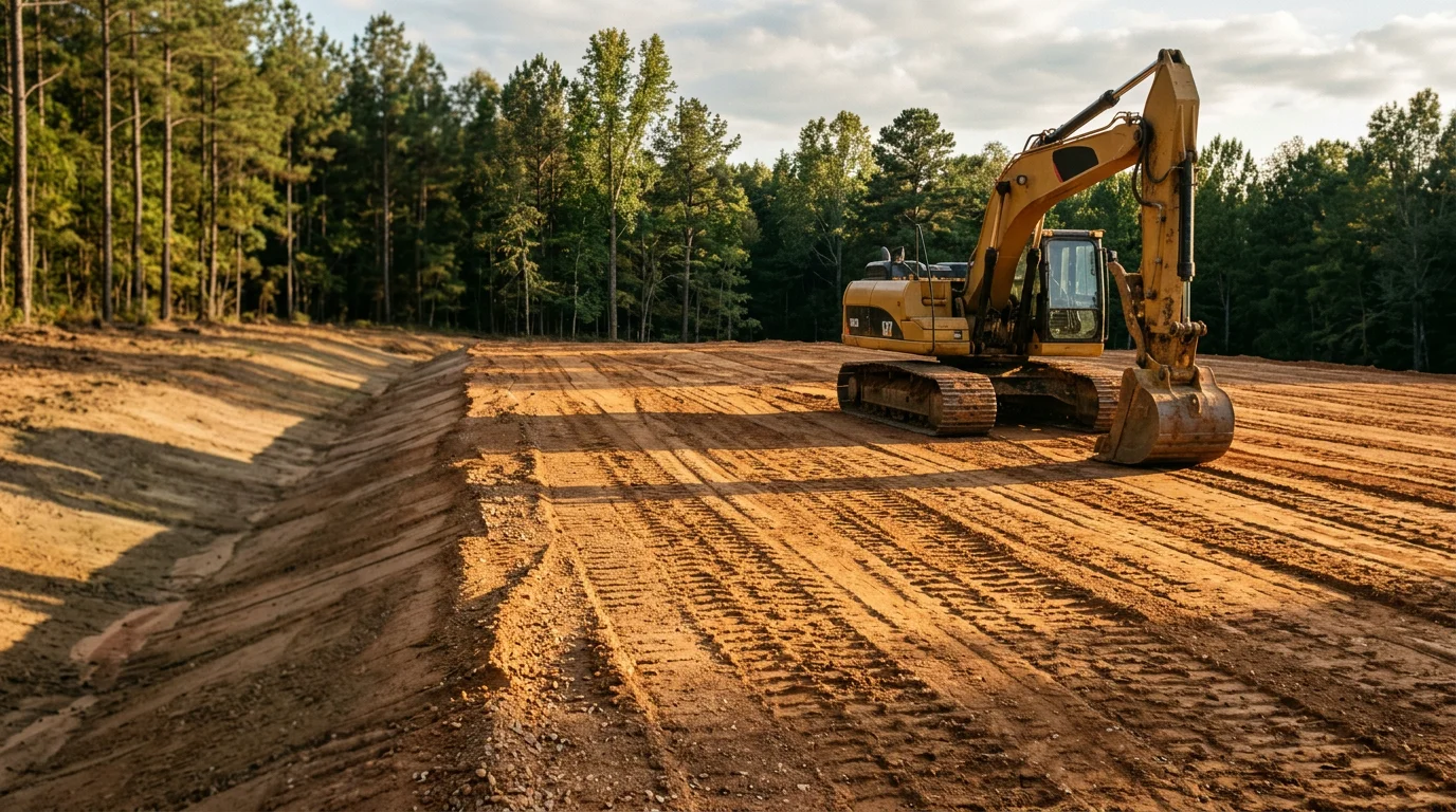 A tracked excavator grading red clay soil on a Central Alabama residential building site, with a freshly leveled pad and sloped drainage channels visible in the foreground. Surrounding terrain shows the rolling, wooded landscape typical of Central Alabama properties.