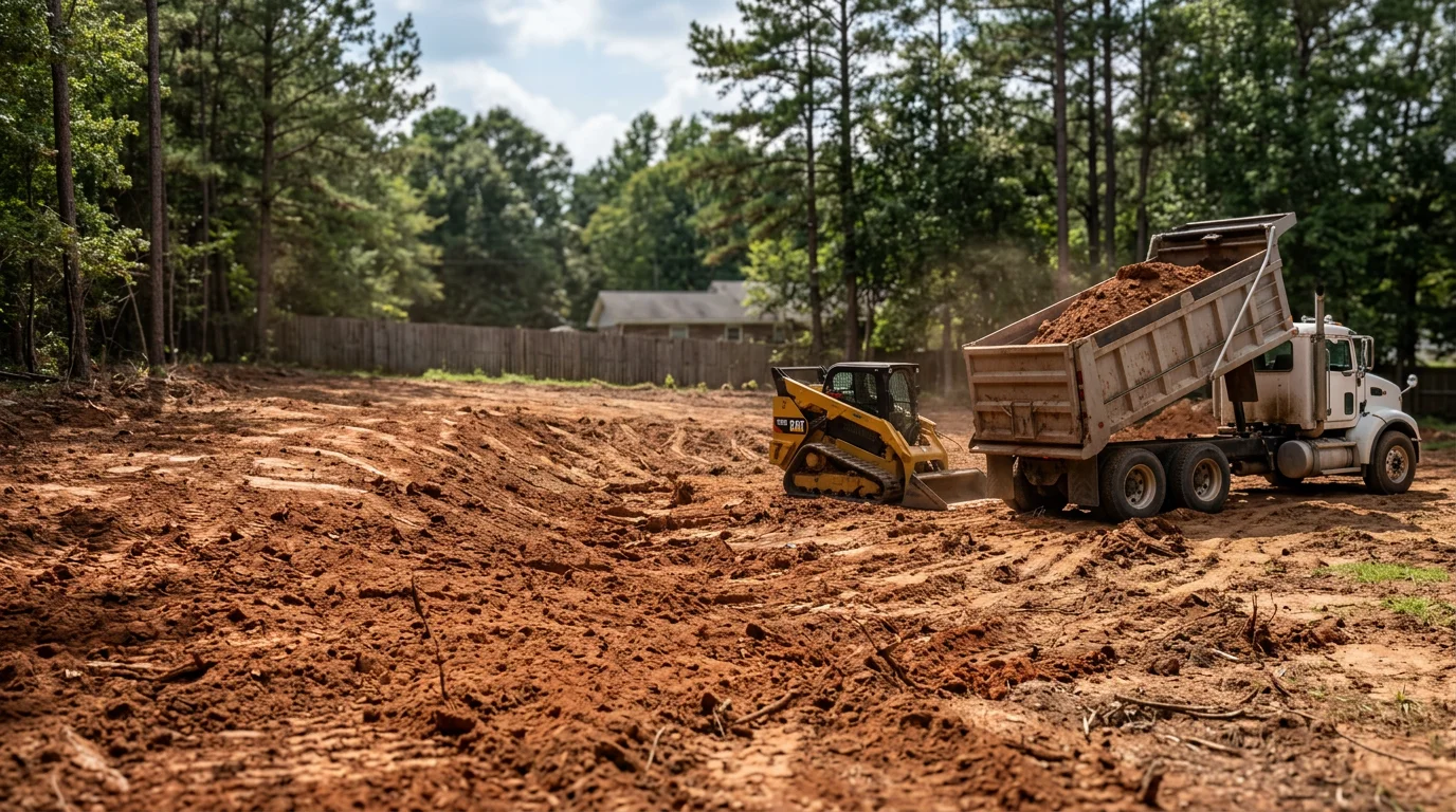 An excavator loading red clay soil into a dump truck on a residential property in Central Alabama. The cleared site shows a level, clean work surface ready for construction.