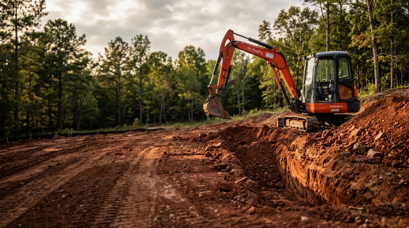 A tracked excavator cutting and grading red clay soil on a residential lot in Central Alabama, with cleared land and a level building pad visible in the foreground. The site shows freshly moved earth prepared for foundation or driveway construction.