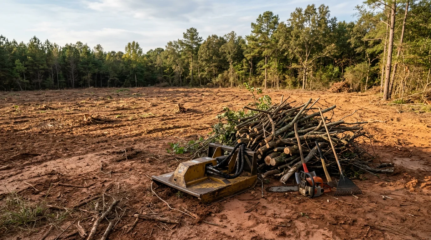 A wide Central Alabama field after professional clearing, showing open flat ground with brush and overgrowth removed and clean soil visible across the cleared area. Heavy equipment tracks are visible at the edge of the field where dense vegetation was cut back.