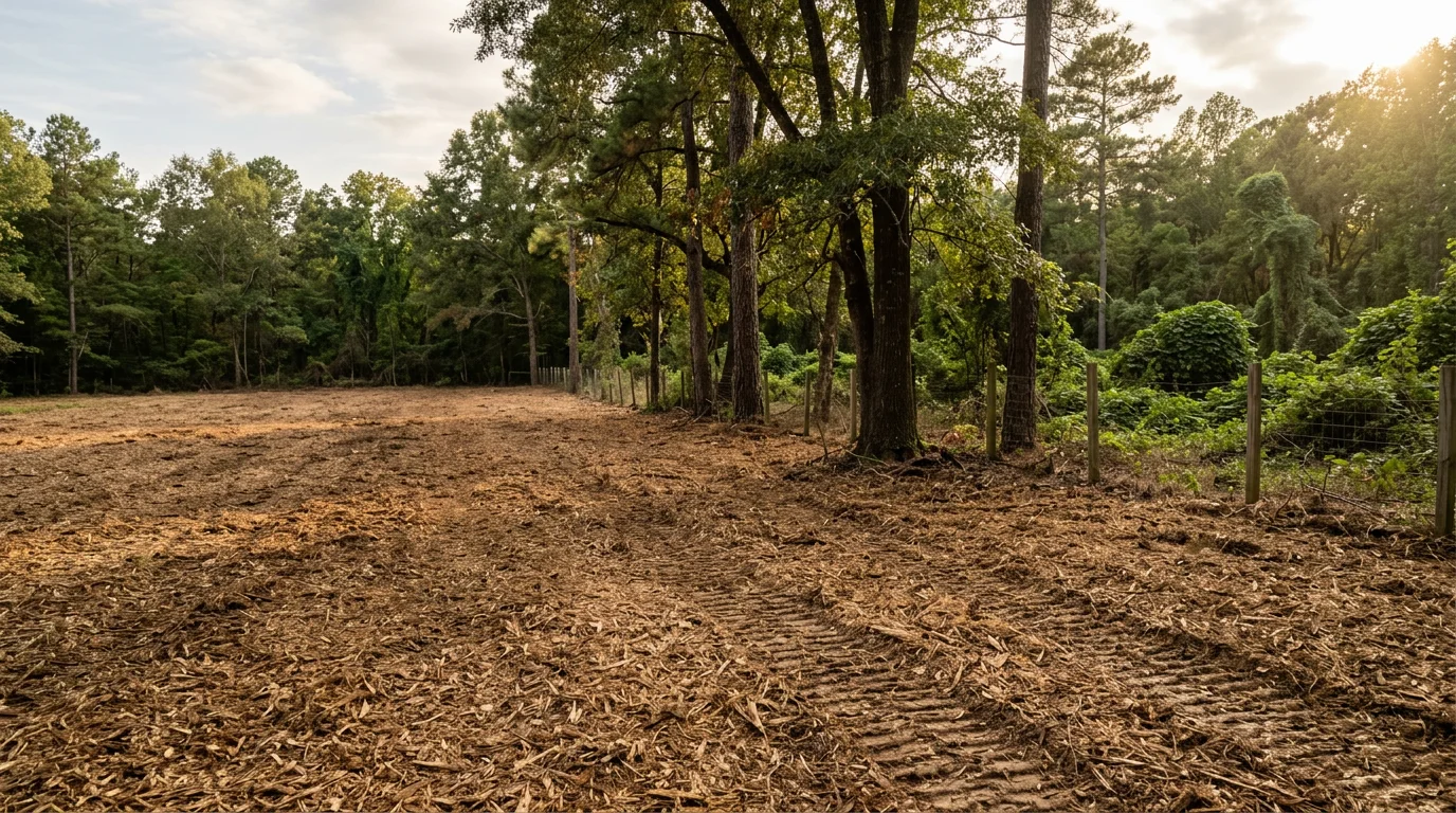 A Central Alabama wooded lot after forestry mulching, showing cleared ground covered in a layer of fresh wood mulch with standing trees left intact in the background. The area is open and accessible with no debris piles or burn marks visible.