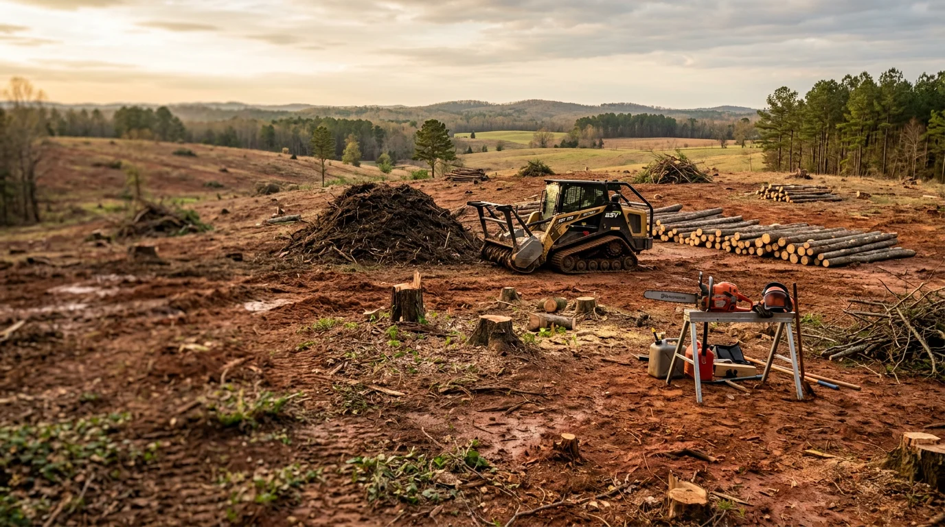 A Central Alabama rural property after land clearing, showing open ground with stumps and brush removed and flat usable soil ready for construction or pasture use. Heavy equipment tracks are visible at the edge of the cleared area where dense tree line begins.