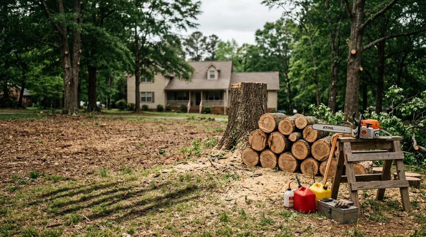 A small tree being removed from a residential yard in Central Alabama, with cut sections on the ground and a cleared area visible near a fence line.