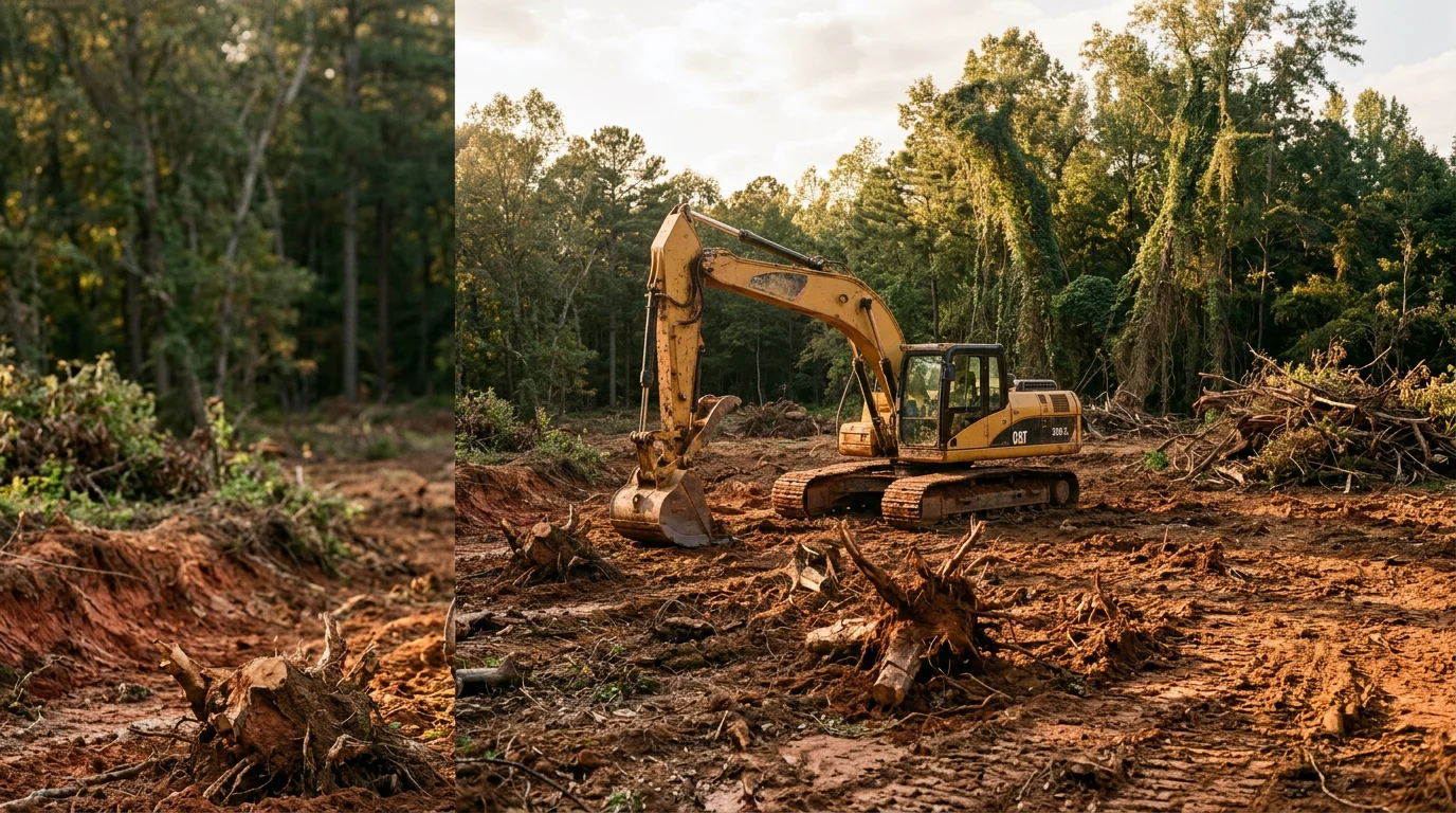 A freshly cleared residential lot in Central Alabama with trees, brush, and stumps removed, leaving open ground ready for construction. Heavy equipment sits at the edge of the cleared area near a tree line of remaining hardwoods.