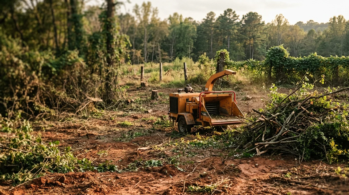 A Central Alabama residential lot after overgrown property cleanup, showing cleared brush, cut-back saplings, and open ground free of debris. The cleared area runs along a fence line with visible lawn and accessible soil where dense vegetation previously stood.