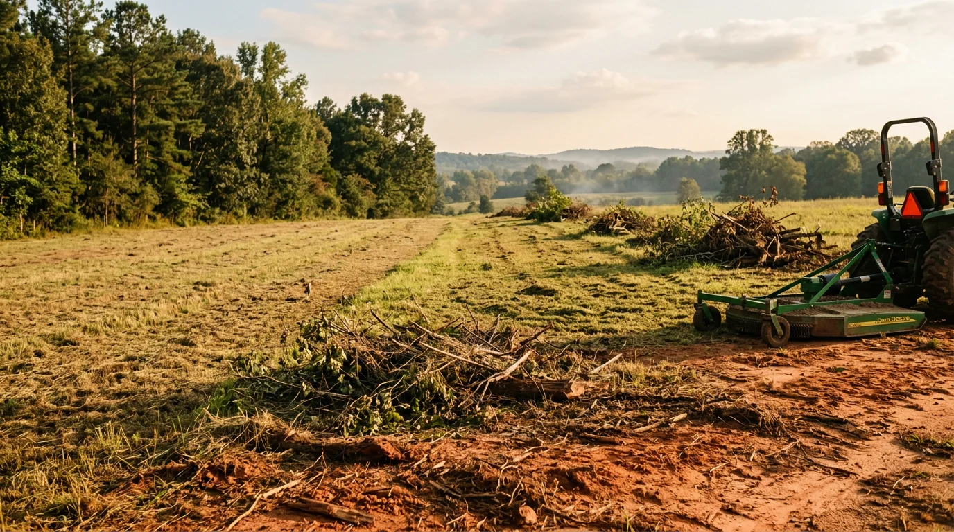 A wide Central Alabama pasture field after professional maintenance, showing evenly mowed grass with cleared brush lines along the field edges. Open grazing land stretches across a rural property under a clear Alabama sky.
