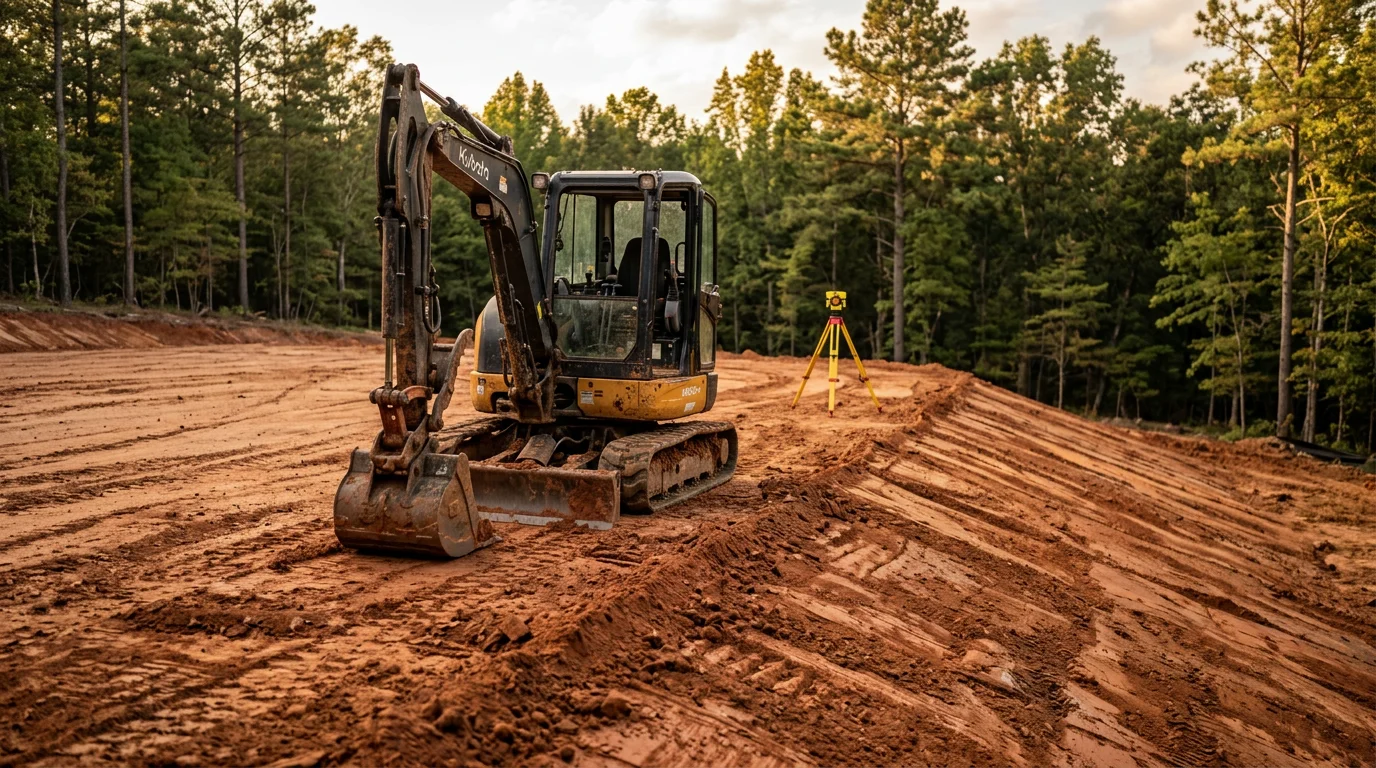 A Central Alabama residential lot after property grading by Flesner Energy LLC, showing a smooth, sloped yard with compacted soil graded away from the home's foundation. Excavation equipment is visible in the background on a red clay site prepared for drainage correction.