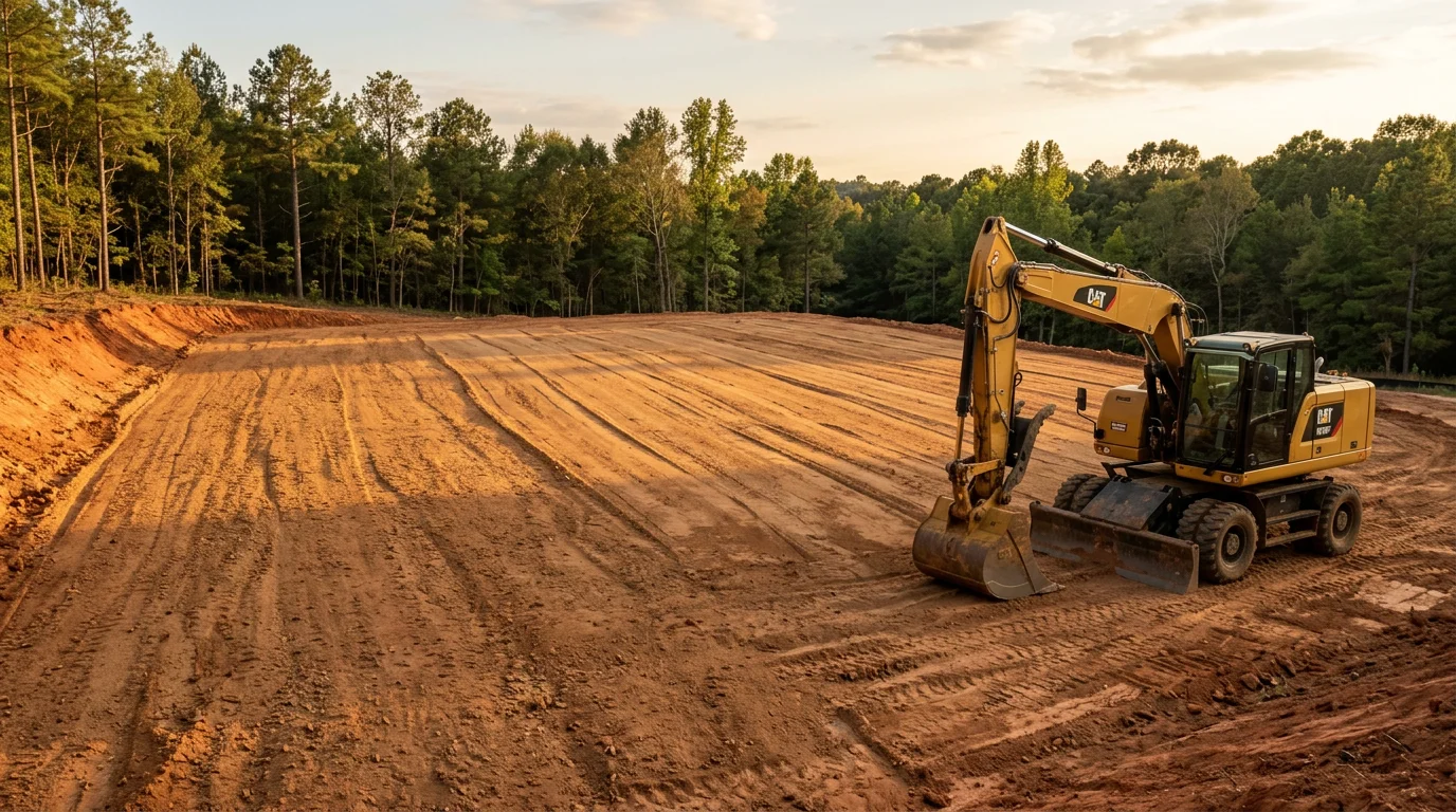 A tracked excavator finish grading a flat building pad on a Central Alabama residential lot with red clay soil visible and cleared land in the background. The graded surface slopes gently away from the pad area to direct water runoff toward the property edge.