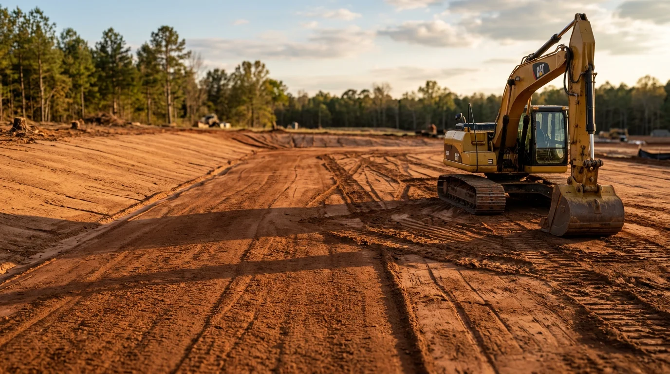 A Central Alabama land clearing site after professional site preparation, showing leveled ground with compacted soil, removed stumps, and shaped drainage slopes ready for construction. Heavy equipment tracks are visible across the cleared, graded lot.