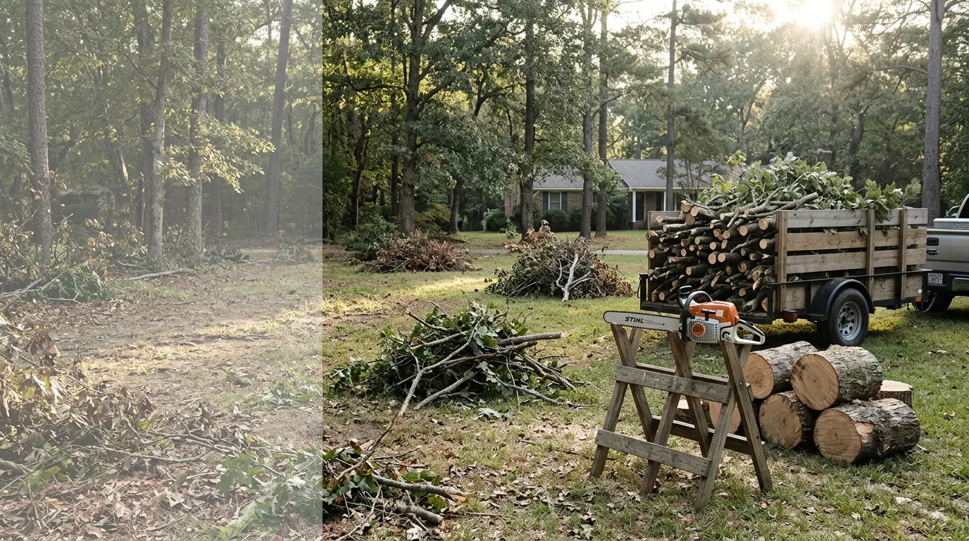 A Central Alabama residential yard after storm debris removal, showing a cleared lawn with no remaining fallen limbs or tree sections. A tree stump and fresh wood chips mark where a large downed tree was extracted near the property fence line.
