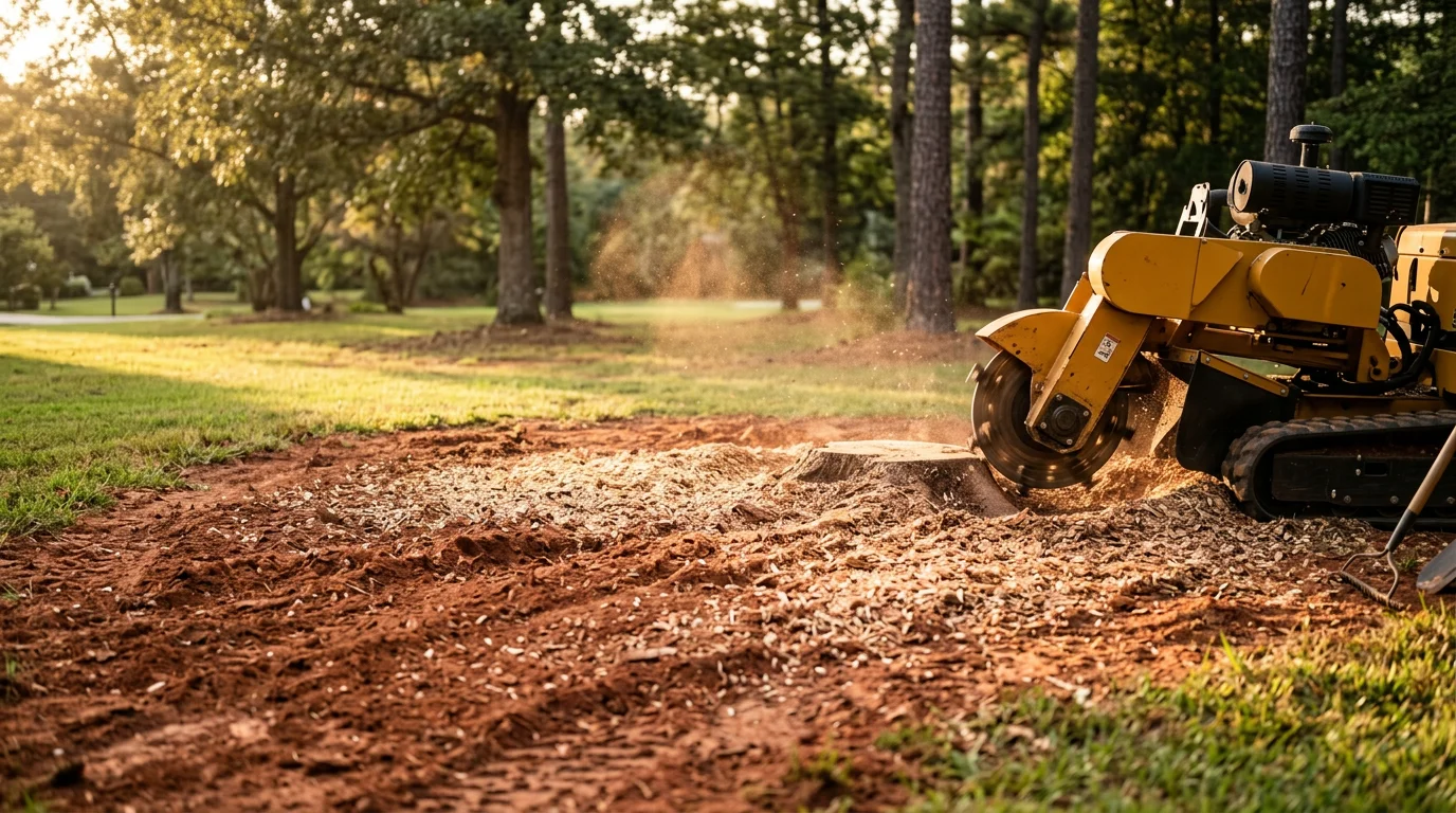 A Central Alabama residential backyard showing a freshly ground tree stump reduced to wood chips at ground level, with surrounding grass and a cleared planting area visible. A stump grinder is positioned nearby on a residential lawn typical of the region.