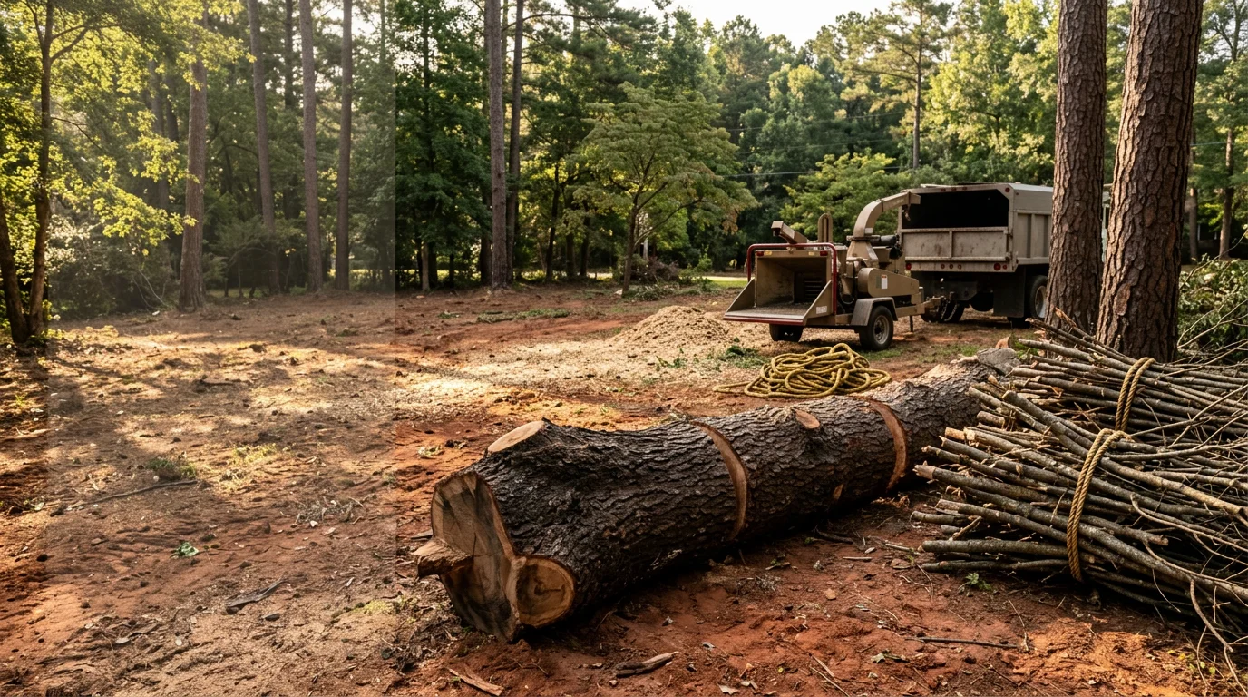 A large dead water oak being removed in sections by a tree service crew in a Central Alabama residential yard. The trunk has been cut into manageable sections on the ground with debris staged for haul-away.
