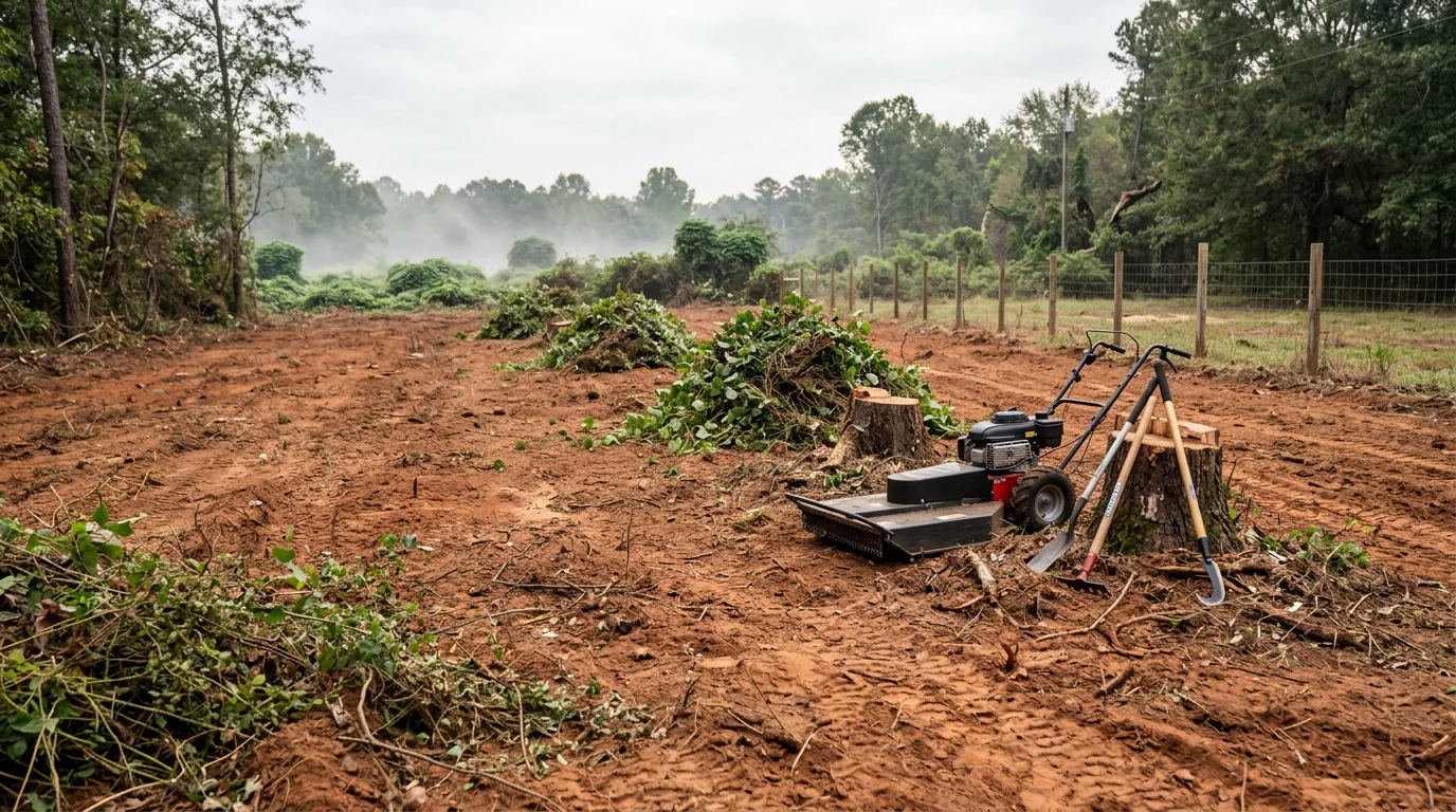 A Central Alabama rural lot after professional vegetation removal, showing cleared ground with cut brush and stumps removed. Dense overgrowth including vines and shrubs has been cleared to expose usable open land.